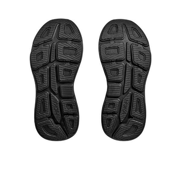 Two black rubber soles with a geometric tread, viewed from below on white. Designed for HOKA Mens Bondi 9 Wide running shoes, they provide ultra-cushioning and comfort, ideal for plantar fasciitis relief.