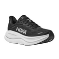 The HOKA Mens Bondi 9 Black/White is shown on a white background, featuring a thick white sole, black mesh upper, and white HOKA logo—designed for plush cushioning and foot pain relief.