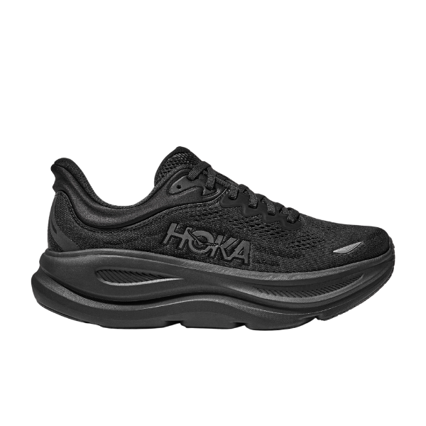 The HOKA Mens Bondi 9 Wide in Black/Black is an athletic running shoe with a thick, ultra-cushioned sole for plantar fasciitis relief and HOKA branding on the side, shown from the left.