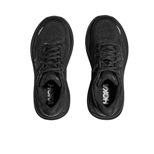 A pair of HOKA Mens Bondi 9 Wide Black/Black running shoes seen from above, highlighting the mesh uppers, black laces, and HOKA branding on the insoles.