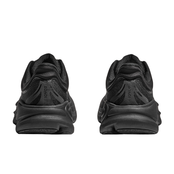 Rear view of HOKA Mens Bondi 9 Wide Black/Black ultra-cushioned running shoes with mesh and a textured heel, thick rubber soles, side by side on a white background—ideal for plantar fasciitis relief.