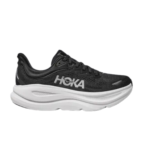 The HOKA Mens Bondi 9 Wide in Black/White features a white, ultra-cushioned sole and white HOKA logo on the side, shown from the left.
