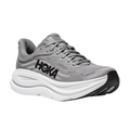 The HOKA Mens Bondi 9 Wide in Galactic Grey/Stellar Grey features a thick, ultra-cushioned white sole, black accents, breathable mesh upper, and bold HOKA branding—ideal for foot pain relief during long runs.