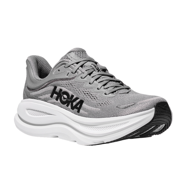 The HOKA Mens Bondi 9 Wide in Galactic Grey/Stellar Grey features a thick, ultra-cushioned white sole, black accents, breathable mesh upper, and bold HOKA branding—ideal for foot pain relief during long runs.