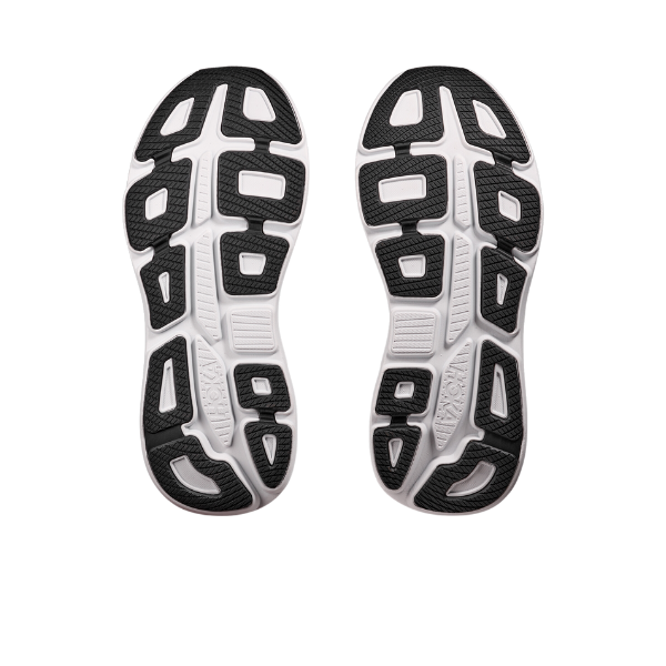 The image shows the outsoles of HOKA Mens Bondi 9 Wide in Galactic Grey/Stellar Grey, featuring a white base with black rubber traction patterns and grooves for grip and flexibility. Both left and right shoe soles are visible from the bottom.