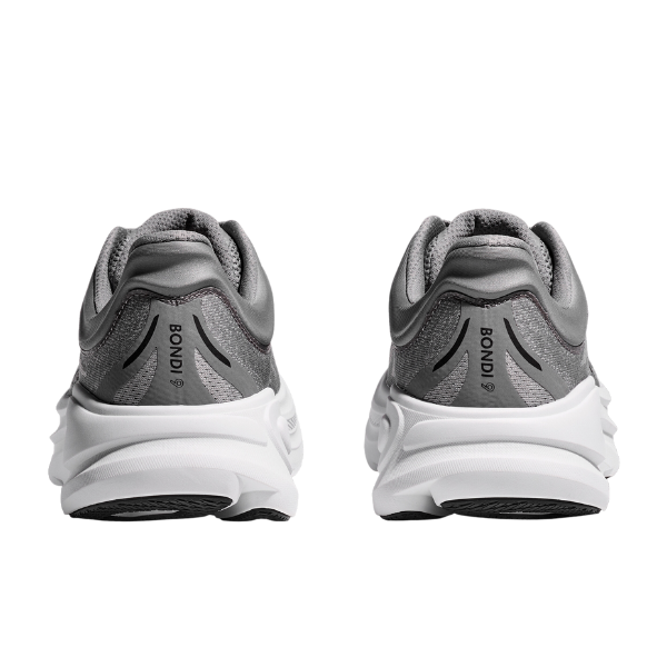 The HOKA Mens Bondi 9 Wide in Galactic Grey/Stellar Grey features the BONDI logo and a small heel emblem, black soles, and ultra-cushioned support—ideal for foot pain relief.