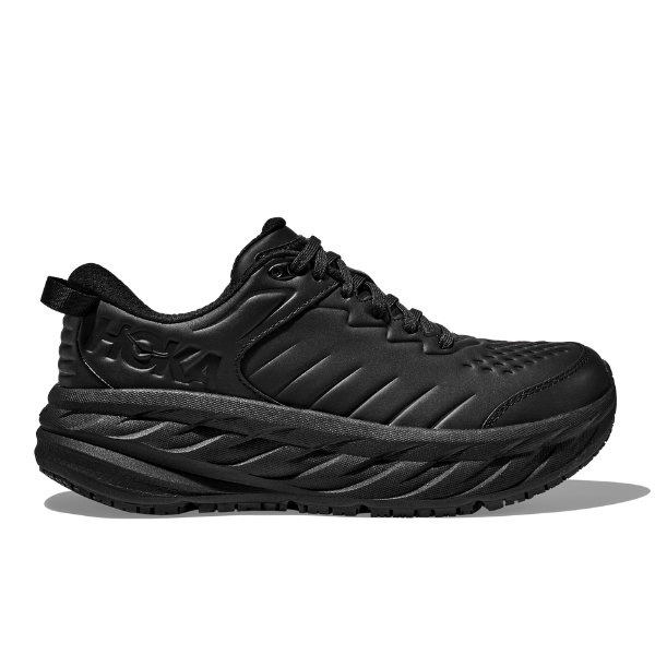 The HOKA Mens Bondi SR Wide is a black athletic shoe featuring a thick cushioned sole, lace-up design, slip-resistant outsole, and textured side and toe details, displayed in side profile on a white background.