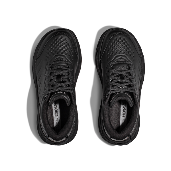 A pair of HOKA Mens Bondi SR Wide shoes in black, shown from above with cushioned design, perforated toe box, black laces, and HOKA logo on the insoles. The shoes are side by side on a white background.