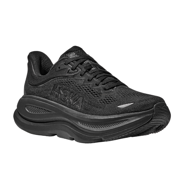 The HOKA Mens Bondi 9 Wide in Black/Black features an ultra-cushioned thick sole for plantar fasciitis relief, a breathable mesh upper, lace-up closure, and the signature HOKA logo on the side.