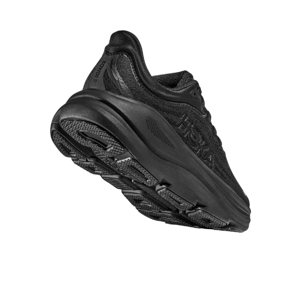 The HOKA Mens Bondi 9 Wide Black/Black is displayed angled from below, showcasing its tread and ultra-cushioned sole for plantar fasciitis relief, with the HOKA logo visible on the side against a white background.