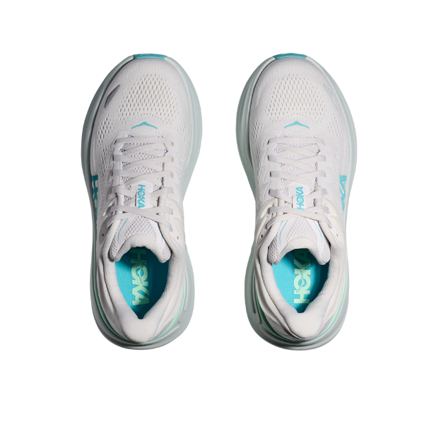 The HOKA Womens Bondi 9 in White/Blue features mesh uppers and visible HOKA branding on the insoles and tongue, offering an ultra-cushioned sneaker, shown from above on a white background.
