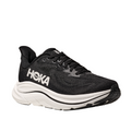 The HOKA Womens Clifton 10 Black/White running shoe features white Hoka branding, a white midsole, and a black-and-white outsole—ideal for those who love cushioned styles.
