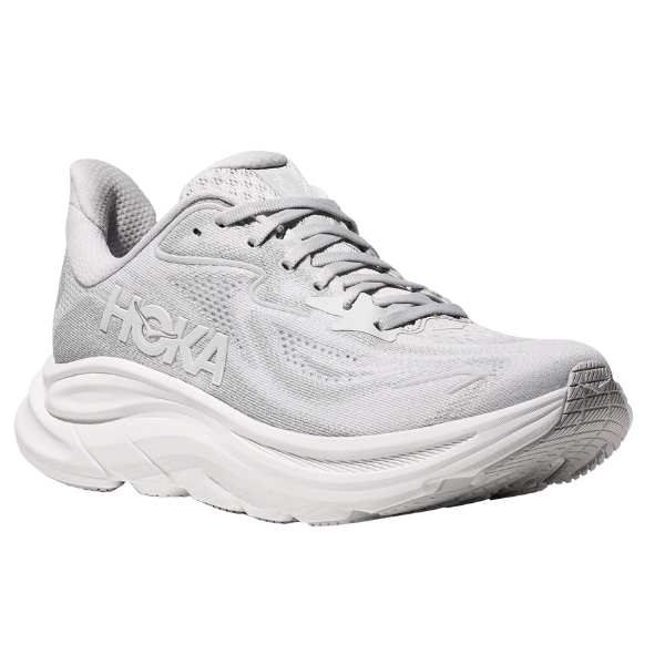 Gray running shoe with white sole on a white background