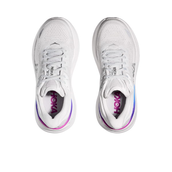 A pair of HOKA Womens Wide Bondi 9 running shoes in Cosmic Grey/White, viewed from above, featuring cushioned support for foot pain relief and branded insoles.