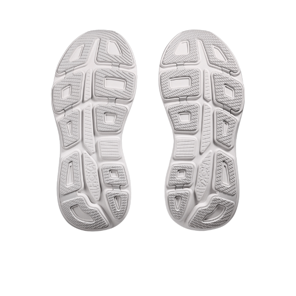 A pair of white, textured athletic shoe soles with geometric tread, shown from below against a white background—designed for foot pain relief in cushioned running shoes like the HOKA Womens Wide Bondi 9 Cosmic Grey/White.