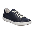 The Josef Seibel Womens Claire 01 Indigo sneaker features navy blue leather, white laces, a cushioned sole, and low-top design for stylish comfort and foot pain relief. Brand: Josef Seibel. Displayed on a plain white background.