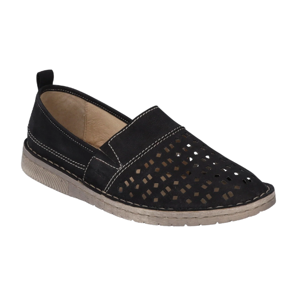 The Josef Seibel Womens Sofie 27 Black is a black leather slip-on espadrille with a beige sole, light stitching, and a perforated geometric upper—designed by Josef Seibel for comfort and all-day wear.