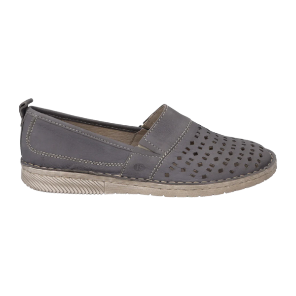 The Josef Seibel Womens Sofie 27 Jeans by Josef Seibel is a gray slip-on leather espadrille with perforated cutouts, beige stitching, and a textured beige sole—perfect for those looking for comfortable shoes for foot pain.