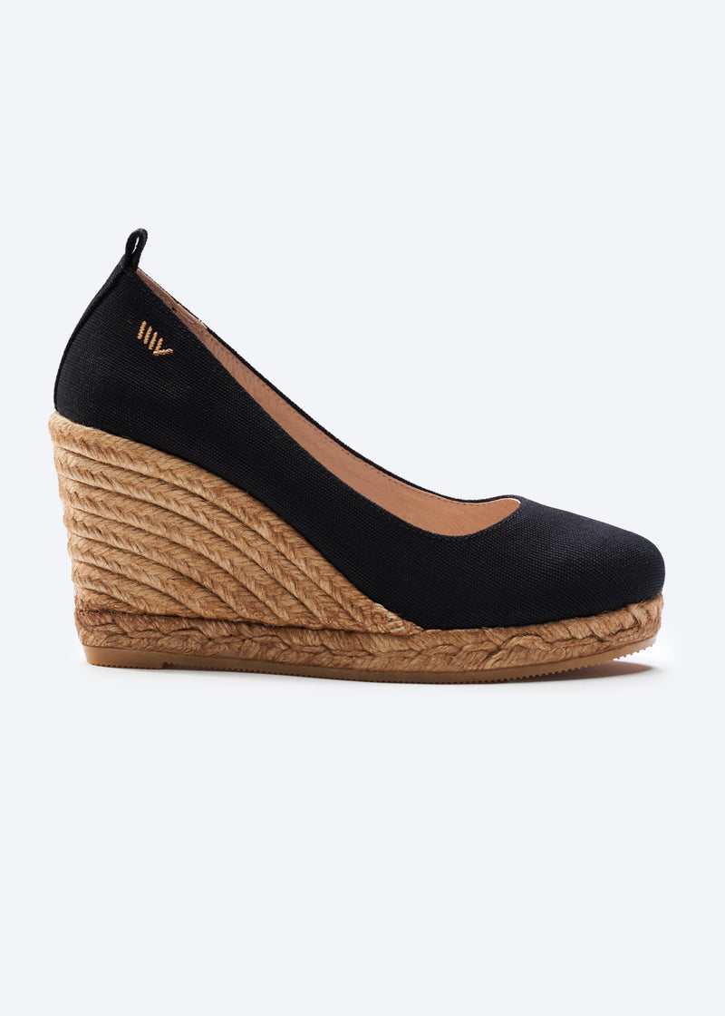 Marquesa Black Canvas Slip On Woman Espadrille Wedge High Heel Pump