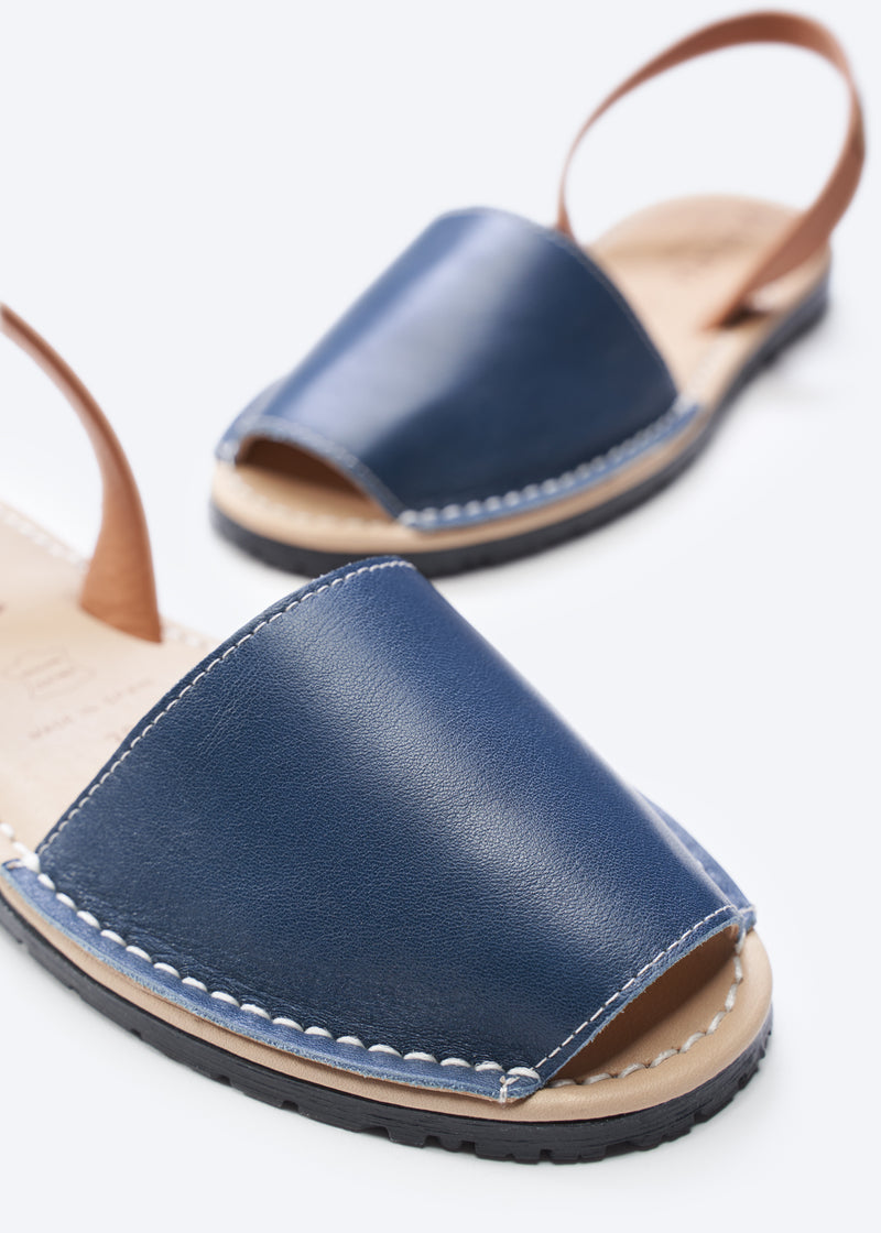 Menorquina Navy Blue Leather Slip On Women Avarcas Toe Detail