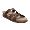 The Mephisto Womens Hannel Sandals in dark brown feature two adjustable buckle straps, a leather-lined cork footbed with AIR-RELAX technology, suede-like insole, and flat sole by MEPHISTO; shown on a white background.