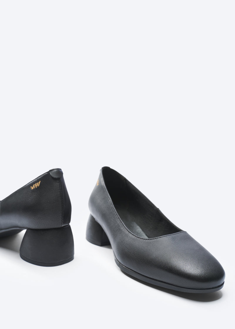 Milan Black Leather Slip On Women Low Block Heel Closed Toe Shoes