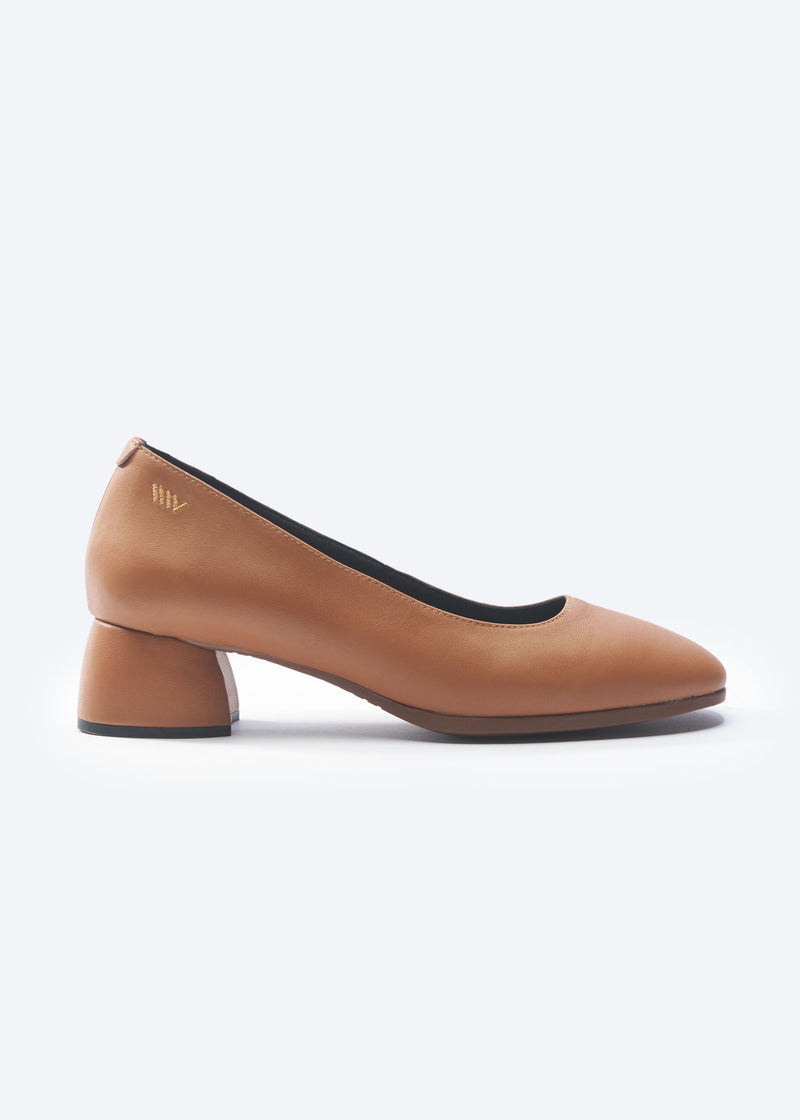 Milan Whiskey Brown Leather Slip On Women Low Block Heel Shoe