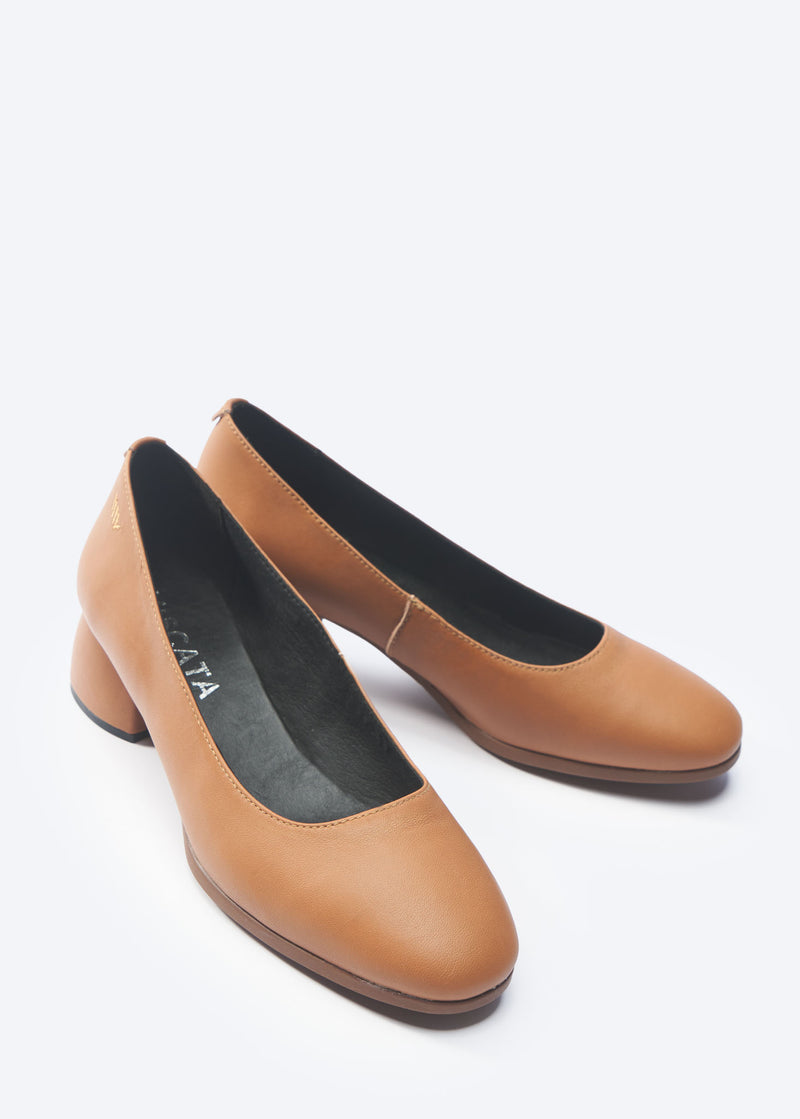 Milan Whiskey Brown Leather Slip On Women Low Block Heel Closed Toe Shoes