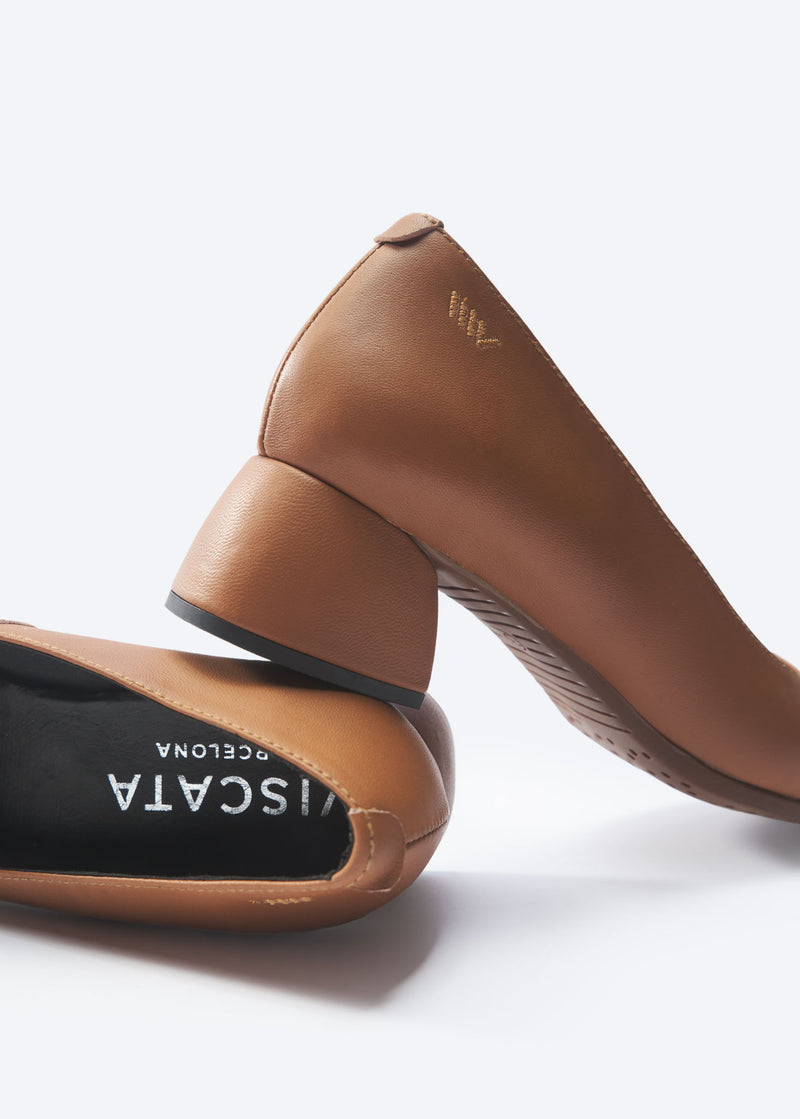 Milan Whiskey Brown Leather Slip On Women Low Block Heel Shoes Detail
