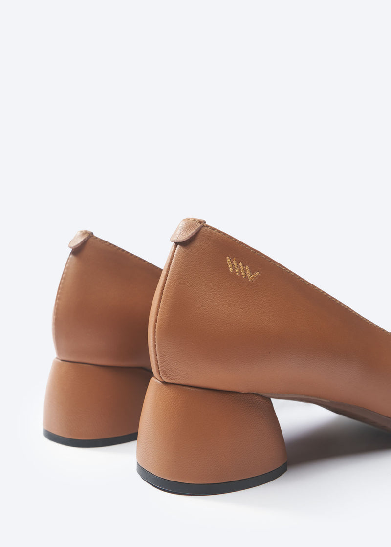 Milan Whiskey Brown Leather Slip On Women Low Block Heel Shoes Back Detail