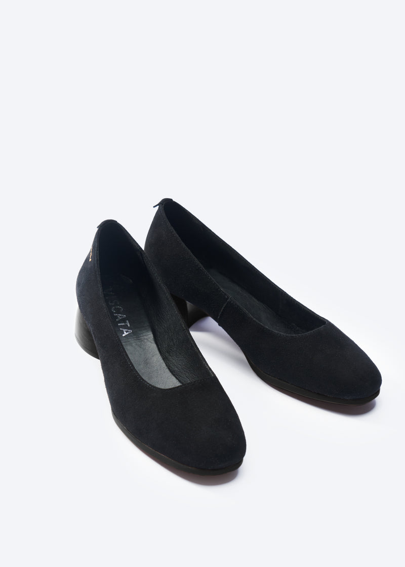 Milan Black Suede Slip On Women Low Block Heel Shoes U Cut Closed Toe