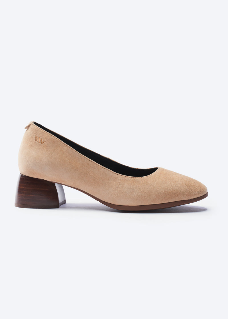 Milan Camel Suede Slip On Women Low Block Heel Shoe