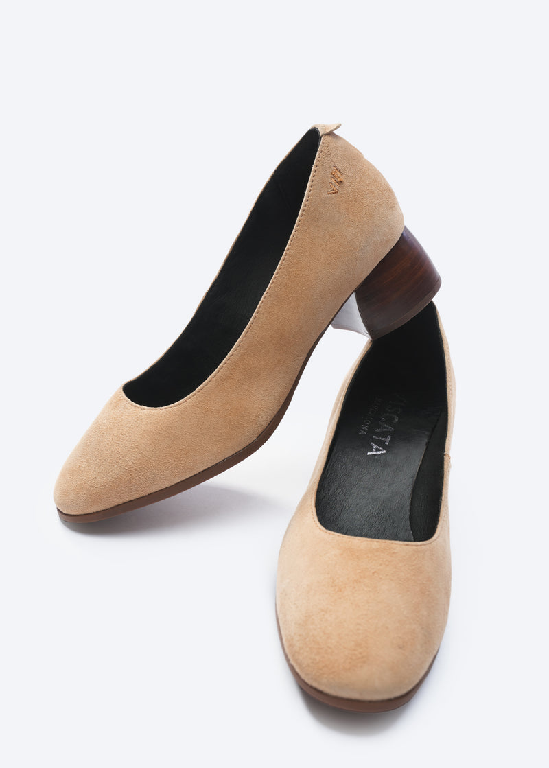 Milan Camel Suede Slip On Women Low Block Heel Shoes U Cut Closed Toe