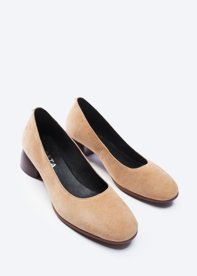 Milan Camel Suede Slip On Women Low Block Heel Shoes U Cut Detail