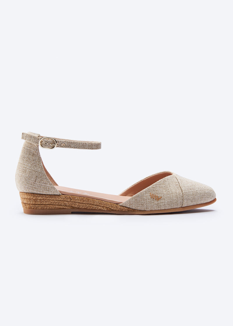 Montroig Limited Edition Gold Canvas Ankle Strap V Cut Closed Toe Women Espadrille Flats