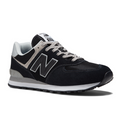 The New Balance Men's 574 Black/White running shoe features black uppers with white and gray accents, signature N branding, a white midsole, black outsole, gray laces, and delivers reliable comfort for foot pain relief.