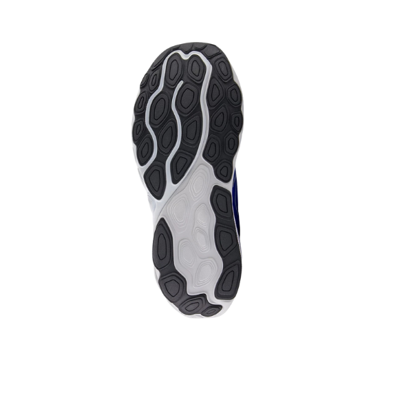 The image shows the sole of the NEW BALANCE Mens Fresh Foam 860v14 Blue sneaker, featuring a white and black wavy textured tread with Stability Plane technology, designed for optimal grip, set against a plain white background.