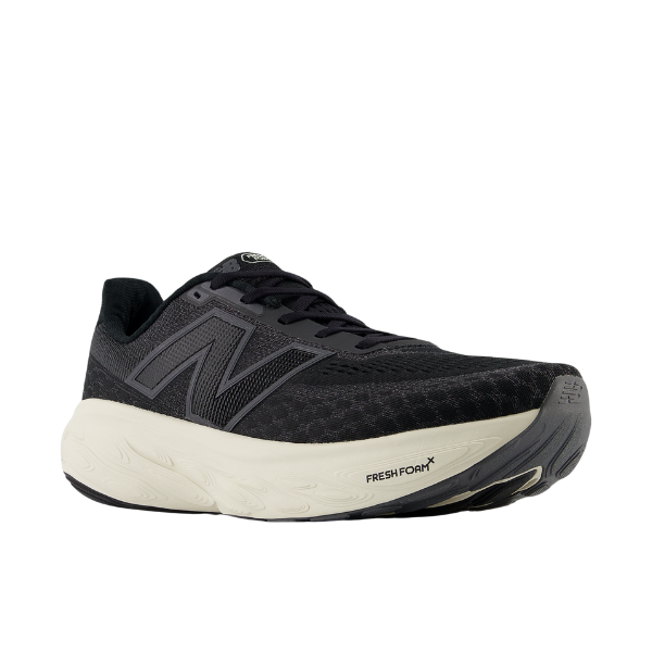 The New Balance Mens Fresh Foam X 1080v14 Black/White running shoe features a thick white sole, the iconic N logo on the side, and Fresh Foam X near the front. The shoe is shown at a slight angle.