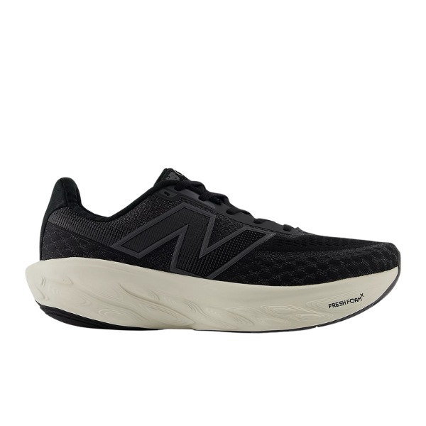 The New Balance Mens Fresh Foam X 1080v14 in black/white features a large N logo, black laces, textured upper, and a thick white cushioned Fresh Foam X sole.