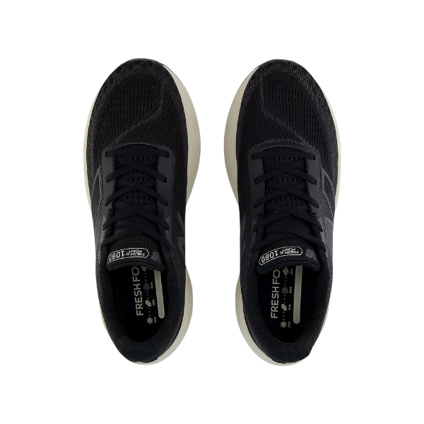 A pair of New Balance Mens Fresh Foam X 1080v14 sneakers in black/white, featuring mesh uppers, white soles, laces, and visible NEW BALANCE branding on the tongue, shown from above on a white background.
