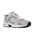 The New Balance Unisex 530 Grey features mesh and suede panels, white laces, an ABZORB midsole, and a black rubber sole. Displayed on a white background.