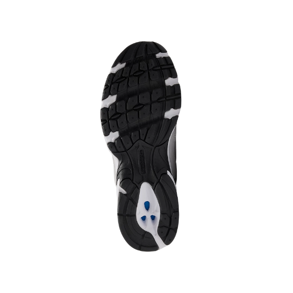 The image shows the black rubber outsole of the NEW BALANCE Unisex 530 Grey sneaker with white grooves and blue accents, viewed from below against a white background.
