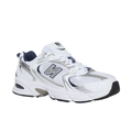 NEW BALANCE Unisex 530 White/Grey shoes with mesh panels, dark sole, and bold N logo for foot pain relief.
