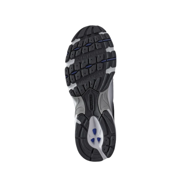 The image features the black rubber sole of the New Balance Unisex 530 White/Grey sneaker by NEW BALANCE, with a gray and white midsole plus blue accents, shown from below against a white background—a popular high-mileage running choice.
