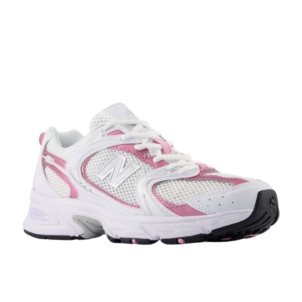 The NEW BALANCE Unisex 530 White/Pink sneaker features mesh panels, pink accents, silver details, and a black/gray sole with the iconic N logo—designed as an athletic shoe to help reduce foot pain.