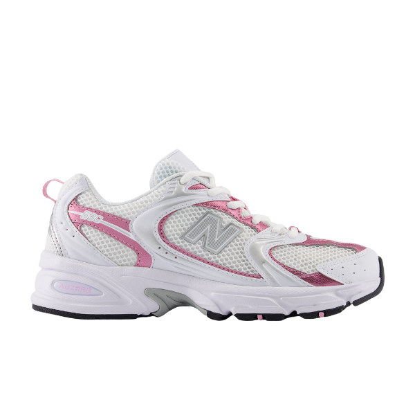 The NEW BALANCE Unisex 530 White/Pink sneaker features pink and silver accents, mesh upper, lace-up closure, a thick rubber sole, and iconic N logo—delivering style and comfort for running or daily relief from foot pain.