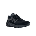 The New Balance Mens 990v6 Black sneaker features a mesh and suede upper, thick sole, signature N logo, and MADE in USA craftsmanship, shown against a white background.