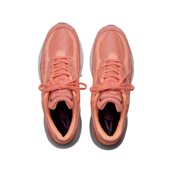 Top view of New Balance Unisex 990v6 Rose athletic shoes with mesh uppers, matching laces, and gray soles by NEW BALANCE, displayed side by side on a white background, designed for foot pain relief.