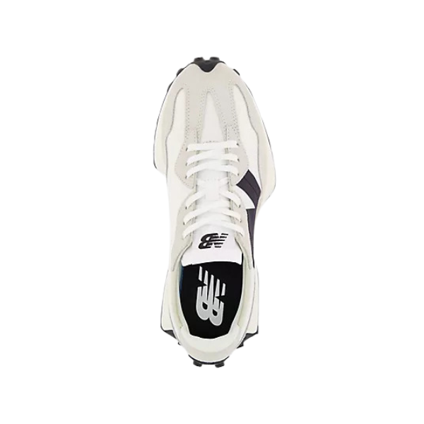 Top view of the New Balance Womens 327 White/Black running shoe with white and beige upper, black accents, white laces, and visible NEW BALANCE logo on the tongue and insole.