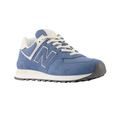 The New Balance Women's 574 Blue features a gray sole, white laces, and offers signature comfort for sneaker fans.